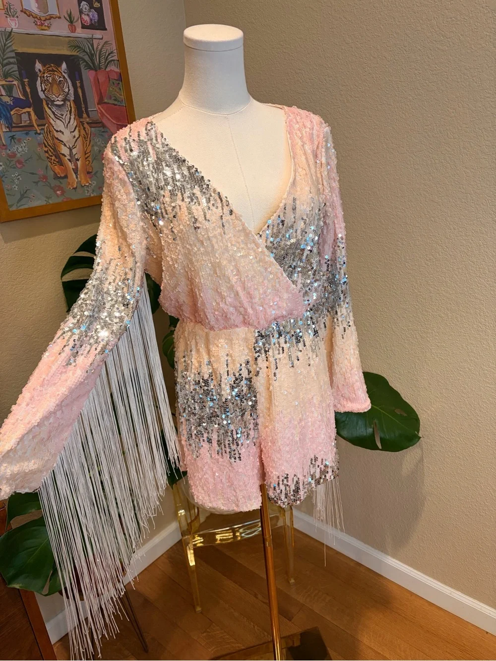 Nasty Gal Pink and Silver Sequin Fringe Romper - Size Small (US 4) - Picture 3 of 7